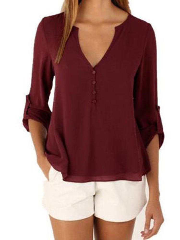 Casual Women Button Loose Solid V-Neck Blouse