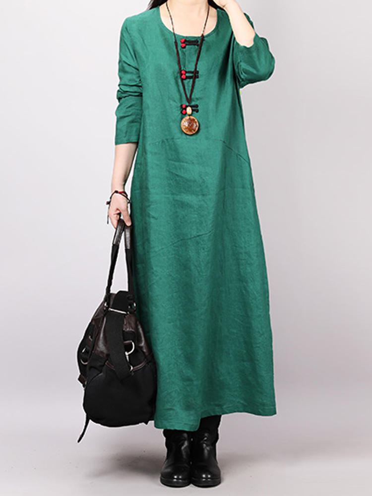 Vintage Women Loose Solid Color Long Sleeve Dress