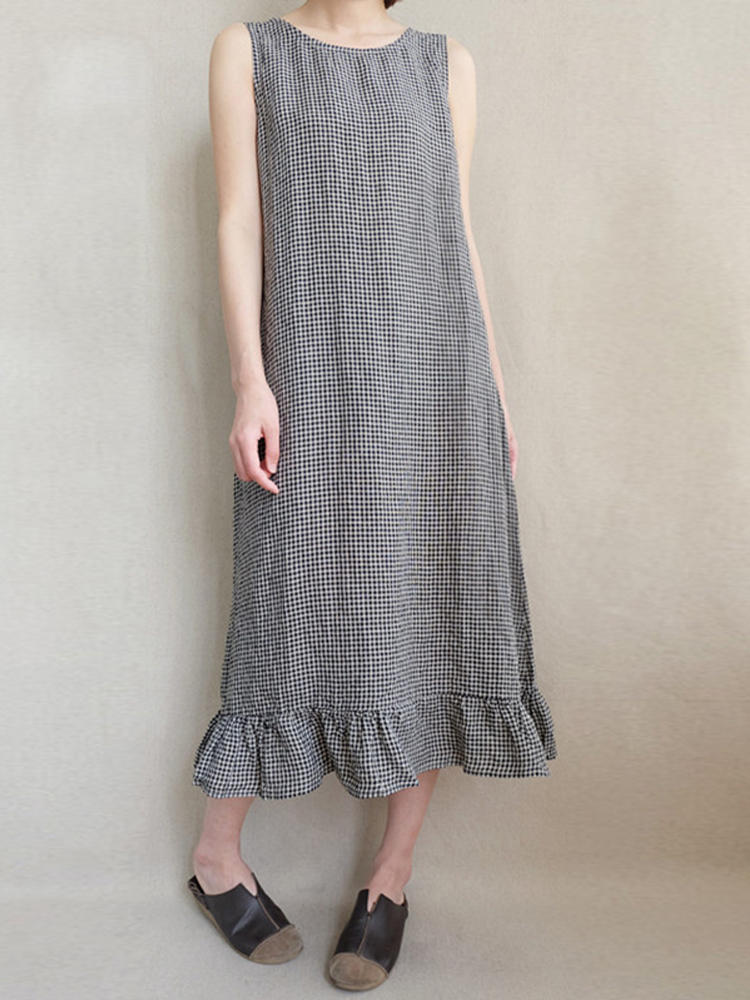 Women Retro Sleeveless Flouncing Hem Plaid A Line Midi Tank Dres