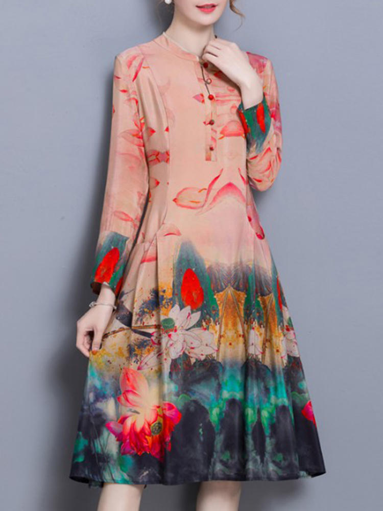 Chinese Style Floral Print Stand Collar Long Sleeve Vintage Dres