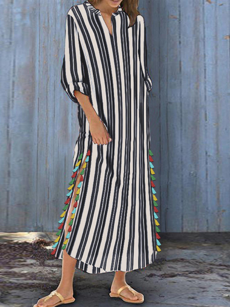 Women Striped Boho Side Slit Tassel Baggy Loose Kaftan Maxi Dres