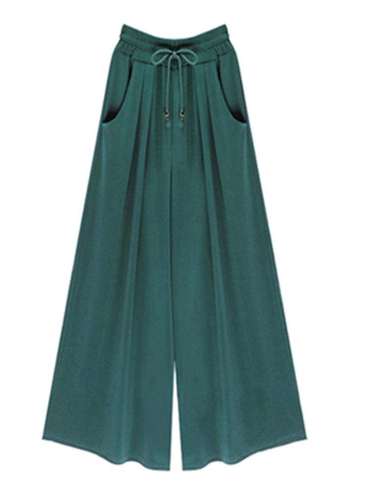 Casual Women Loose Wide Leg Elastic Waist Pockets Trousers Pants