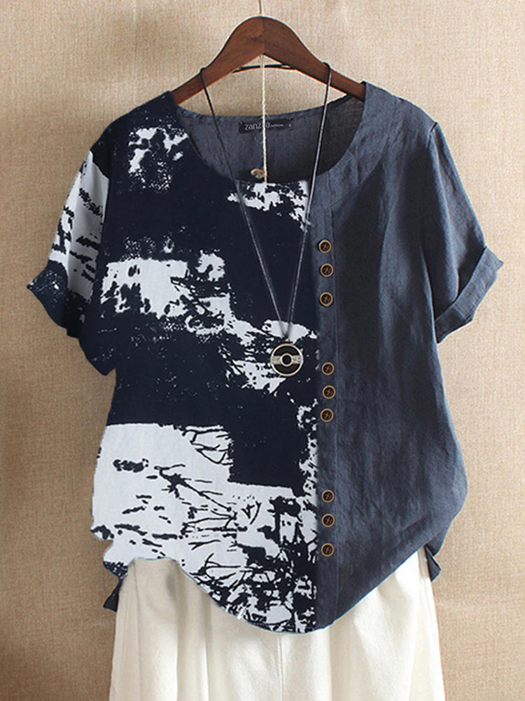 Women Casual Printed O-Neck Button Short Sleeve T-Shirts