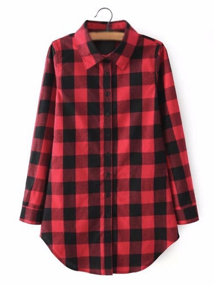 Casual Women Plaid Polo Neck Blouses Long Sleeve Button Up Shirt