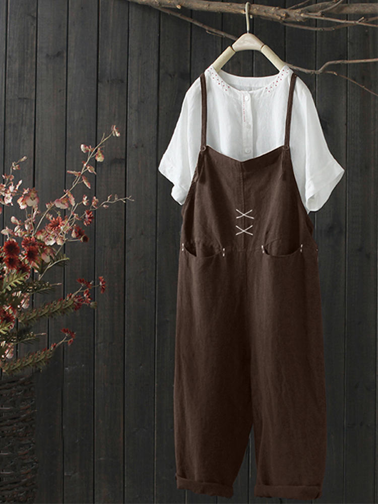 Women Sleeveless Strappy V-neck Pockets Overalls Jumpsuit
