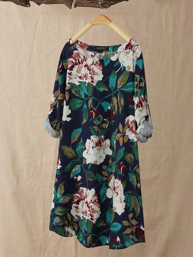 M-5XL Women Floral Print Long Sleeve Shirt Mini Dress