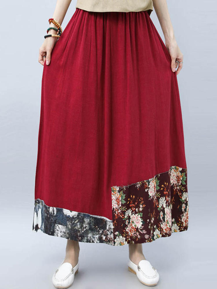Women Vintage Floral High Elastic Waist Chinese Style Loose Maxi