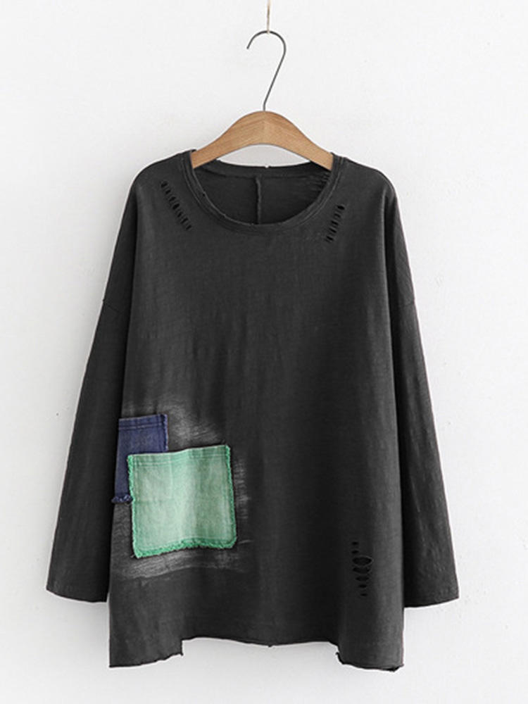 Casual Women Cotton Patchwork Pocket T-Shirts