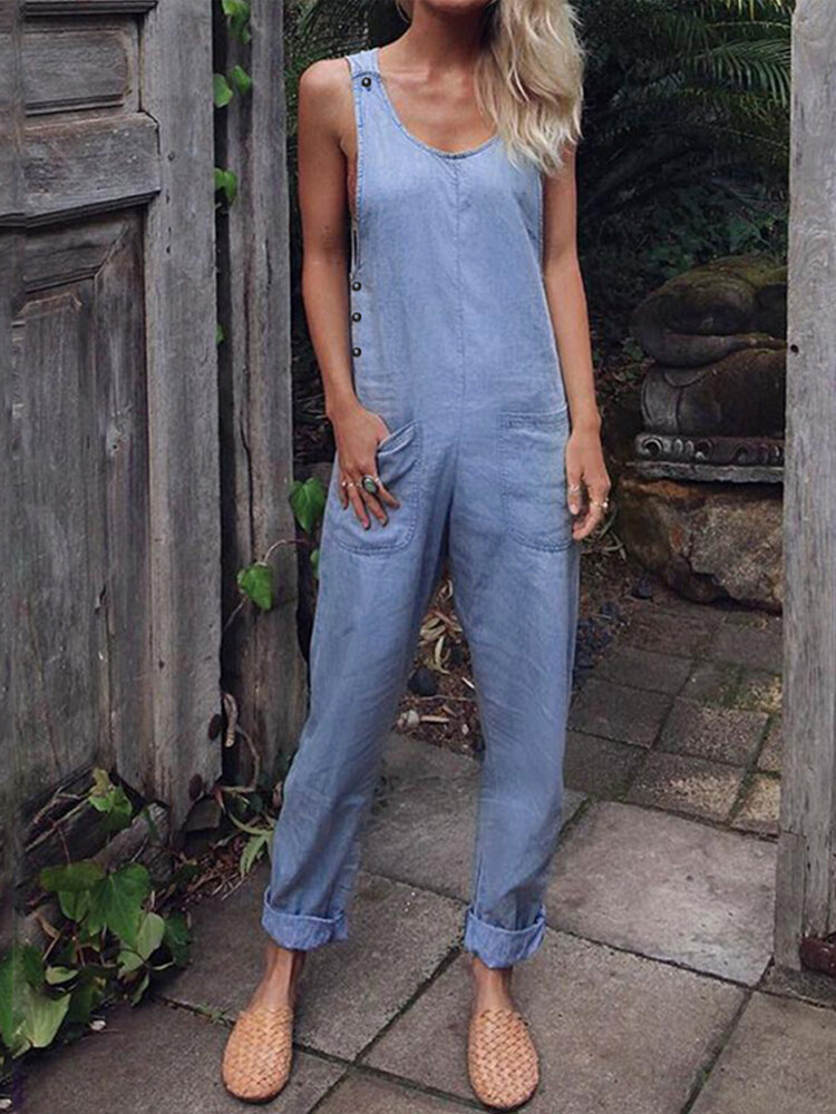Women Solid Color Sleeveless Loose Leisure Jumpsuit with Pockets