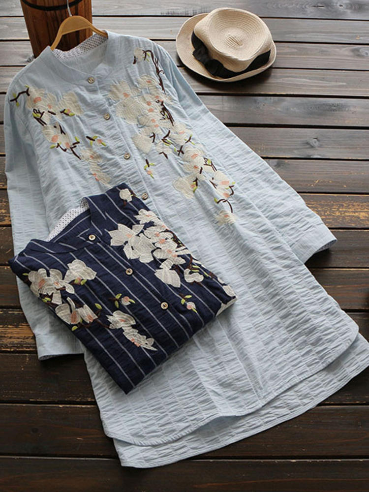 Vintage Women Cotton Linen Floral Embroidered Stand Collar Long