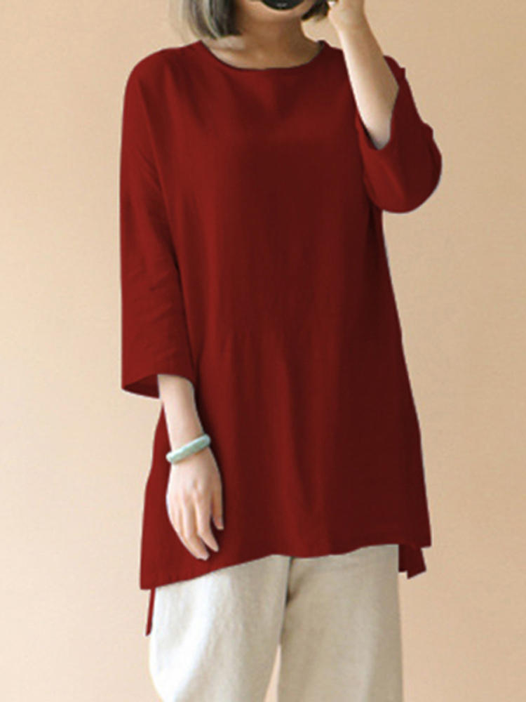 Women Casual Solid Cotton Loose 3/4 Sleeve Blouse