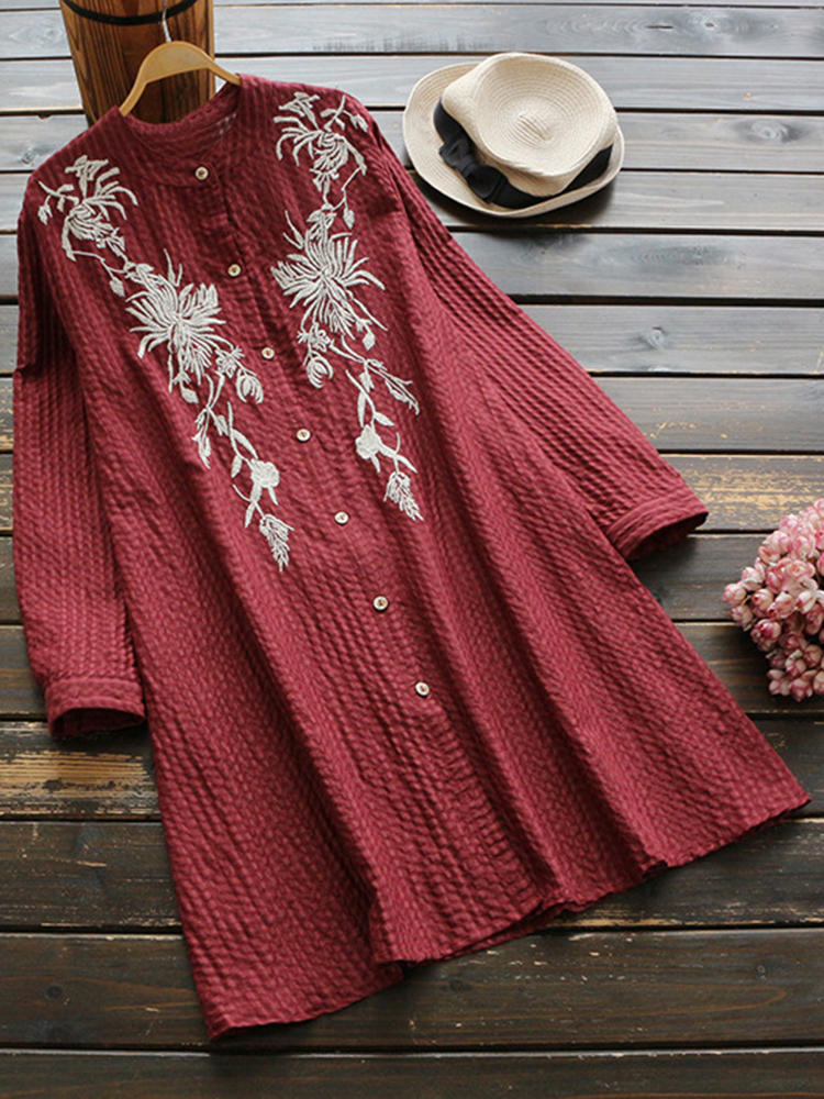 Retro Women Cotton Linen Embroidered Stand Collar Long Sleeve Lo