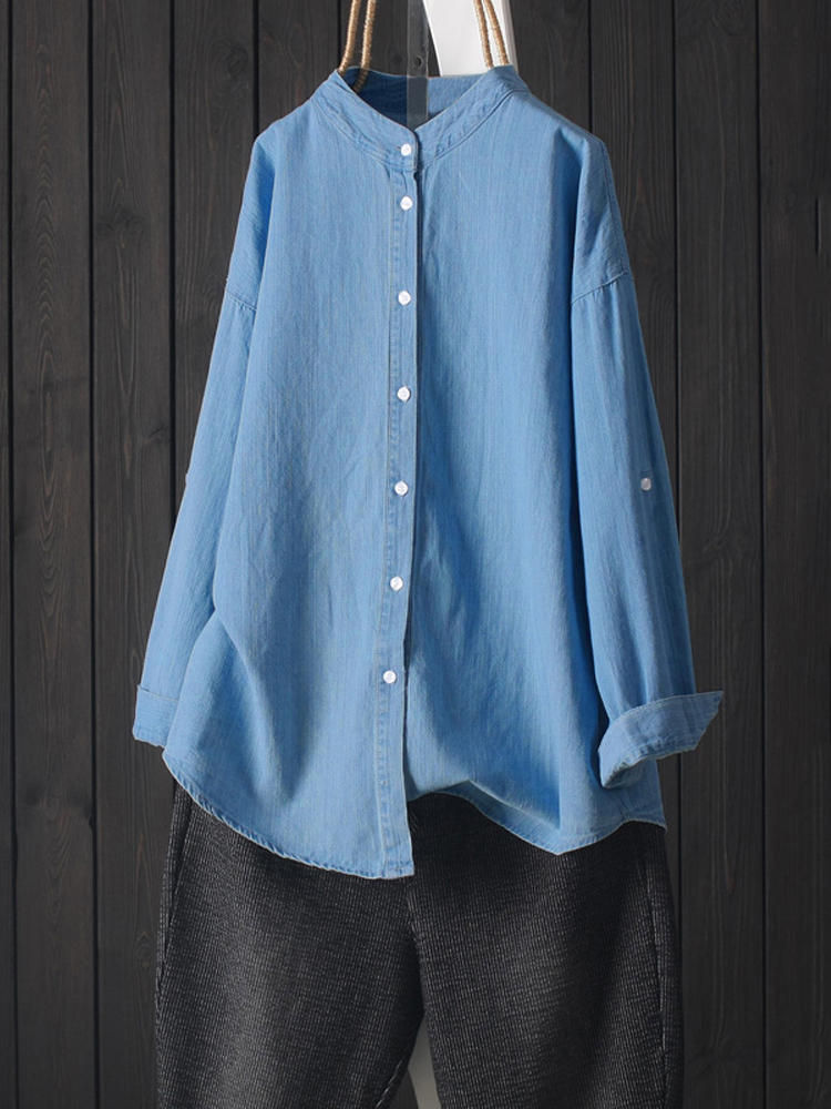 Women Long Sleeve Buttons Stand Collar Asymmetric Denim Blouse