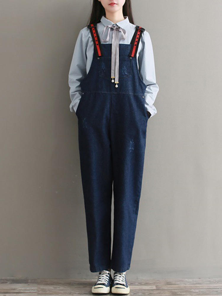 Women Adjustable Straps Front Pocket Denim Jumpsuit