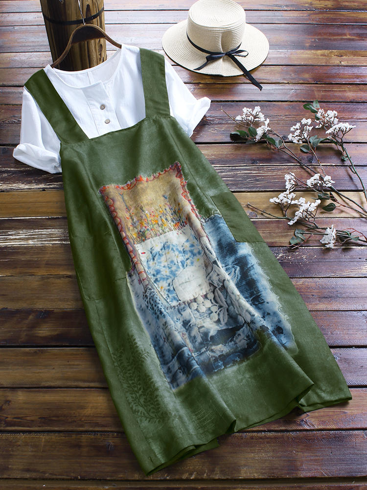 Painting Print Vintage Sleeveless Straps Dress For Women