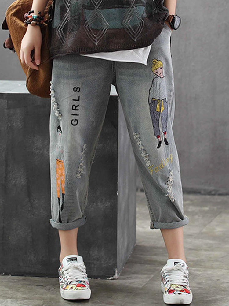 Women Casual Cartoon Embroidery Elastic Waist Denim Jeans