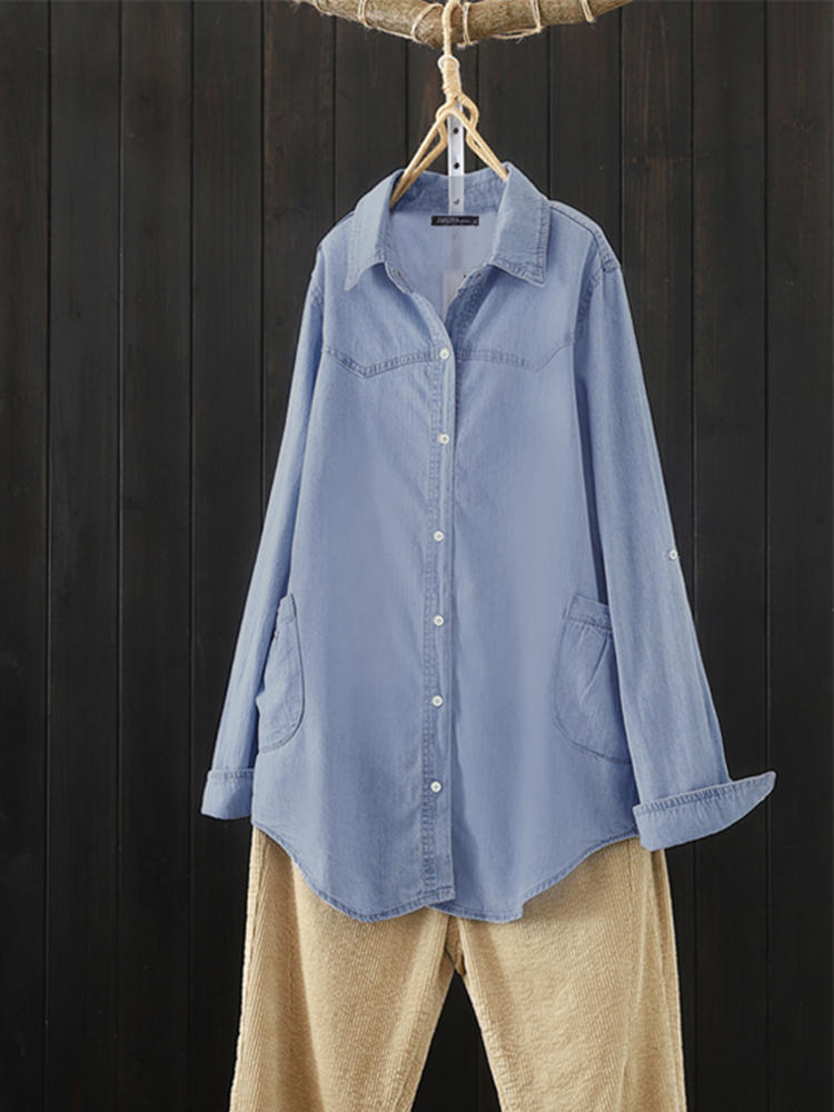 Women Loose Turn Down Collar Button Long Sleeve Denim T-Shirts