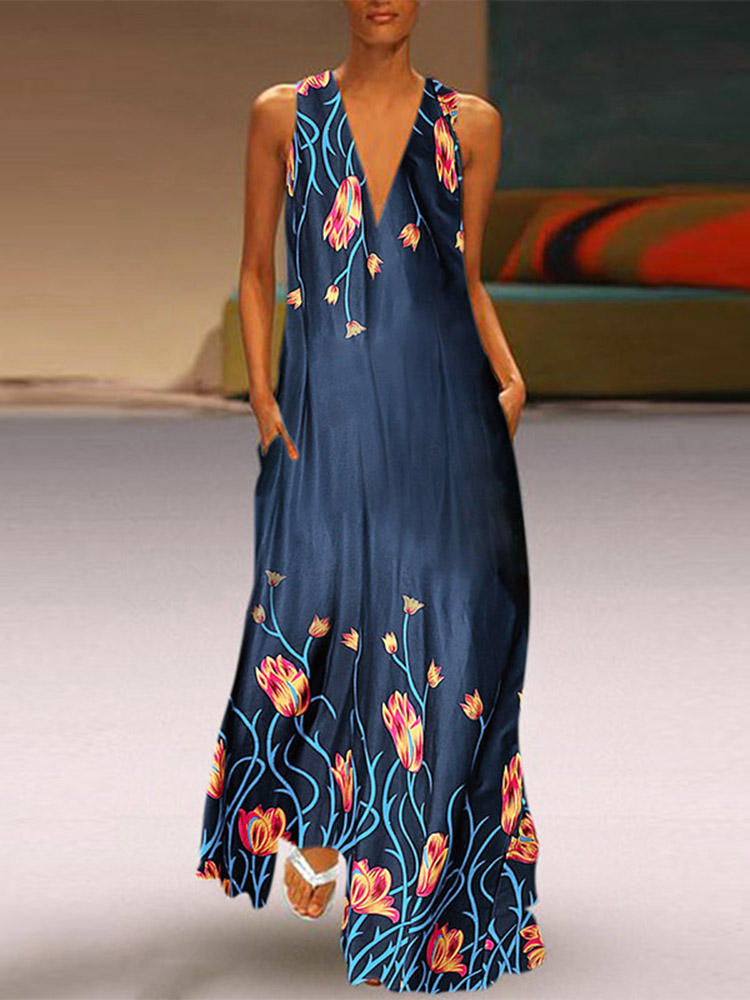 Casual Women Floral Print V-Neck Sleeveless Maxi Dress
