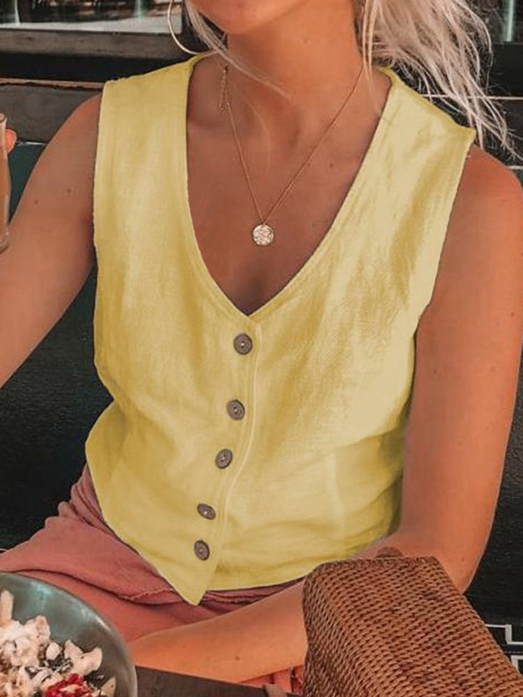 Pure Color Cotton Button V-neck Sleeveless Tops