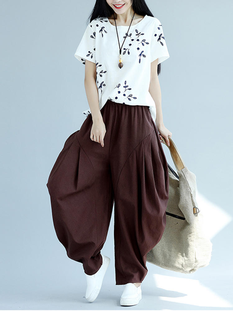 Folk Style Women Pure Color Elastic Waist Irregular Baggy Harem