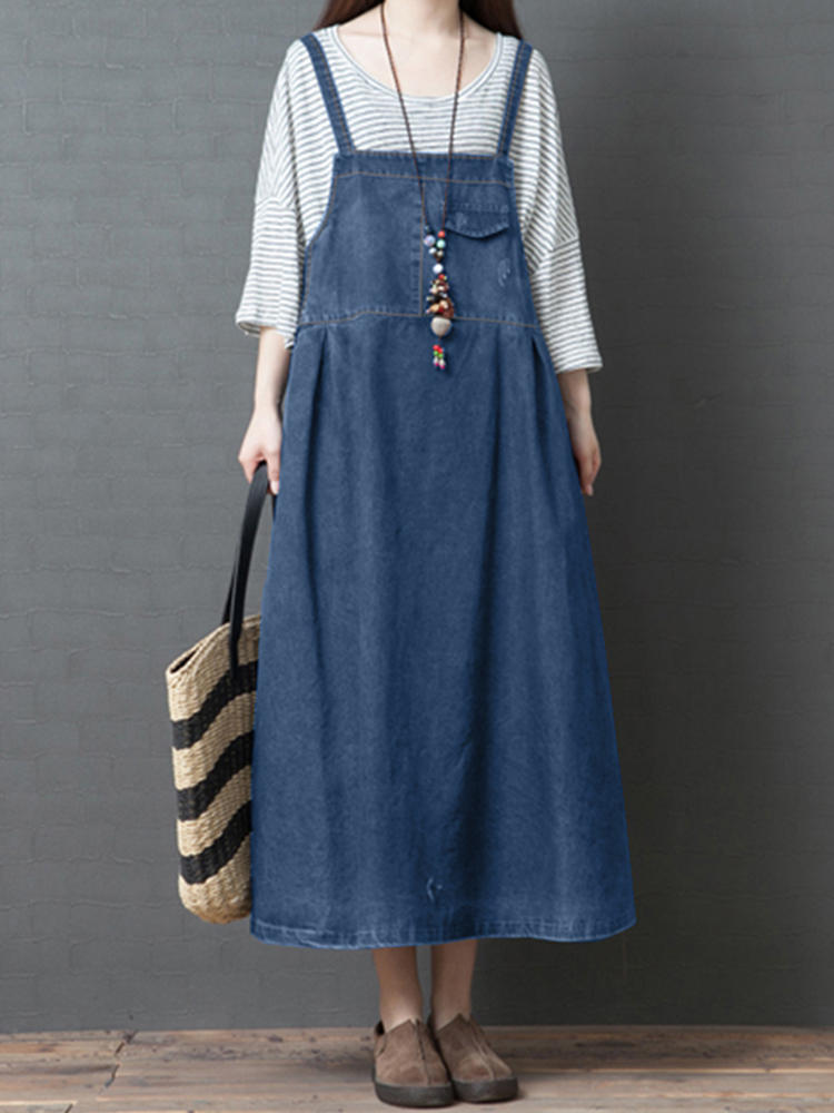S-5XL Women Casual Loose Sleeveless Denim Dress