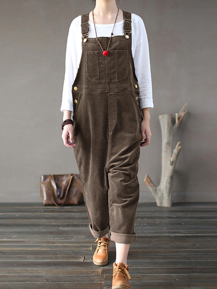 Corduroy Sleeveless Causal Side Pocket Jumpsuit