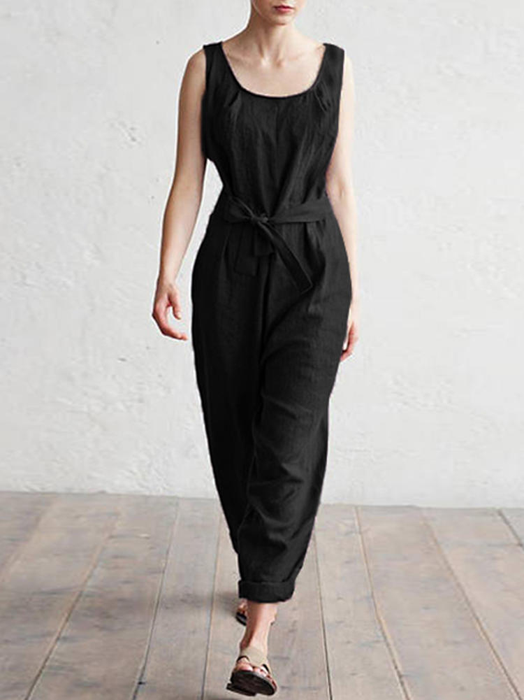 Women Loose Cotton Linen Round Neck Sleeveless Jumpsuit with Bel