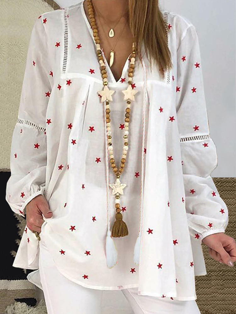 Women Loose Baggy Shirt Long Sleeve Print Star Print Blouse