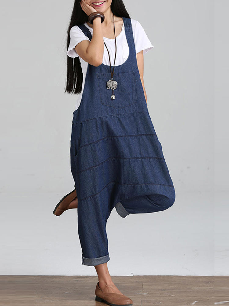 Womens Strappy Denim Pockets Casual Harem Jumpsuit Romper