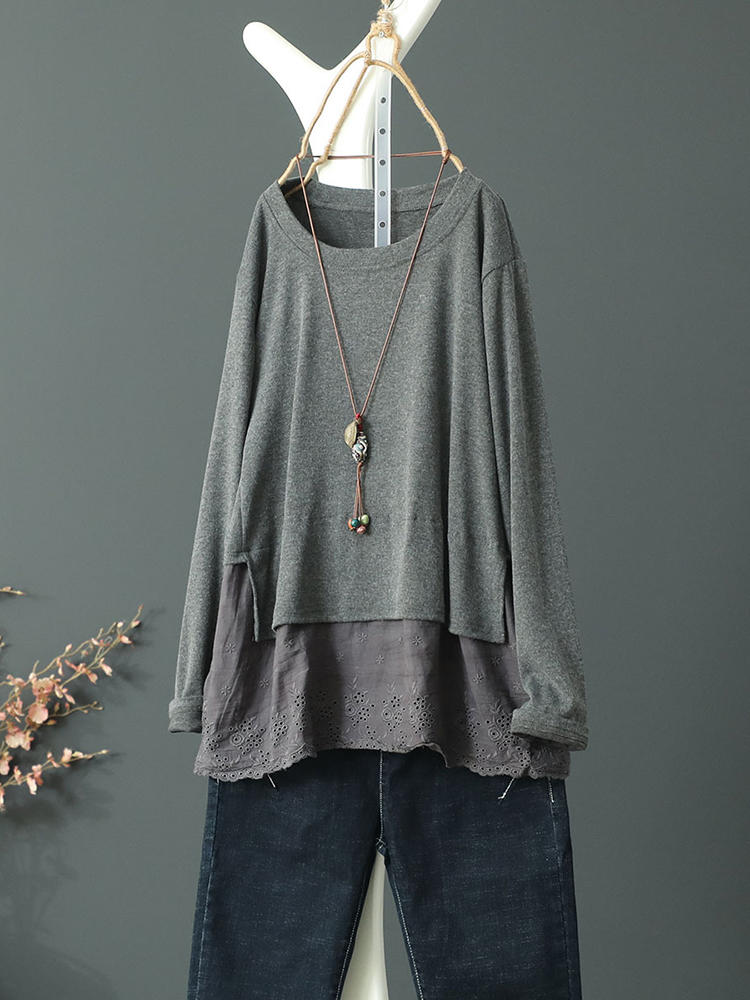Patchwork Crochet Lace Solid Color Long Sleeve Vintage Blouse