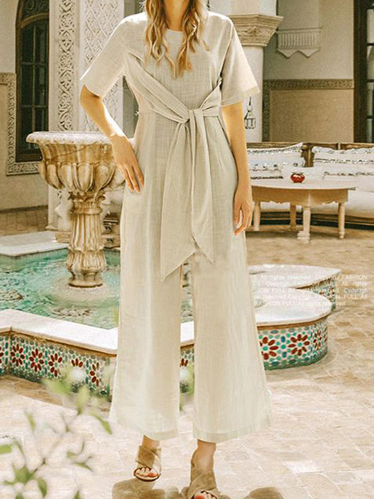 Women Short Sleeve High Waist Cotton Wide Leg Jumpsuit
