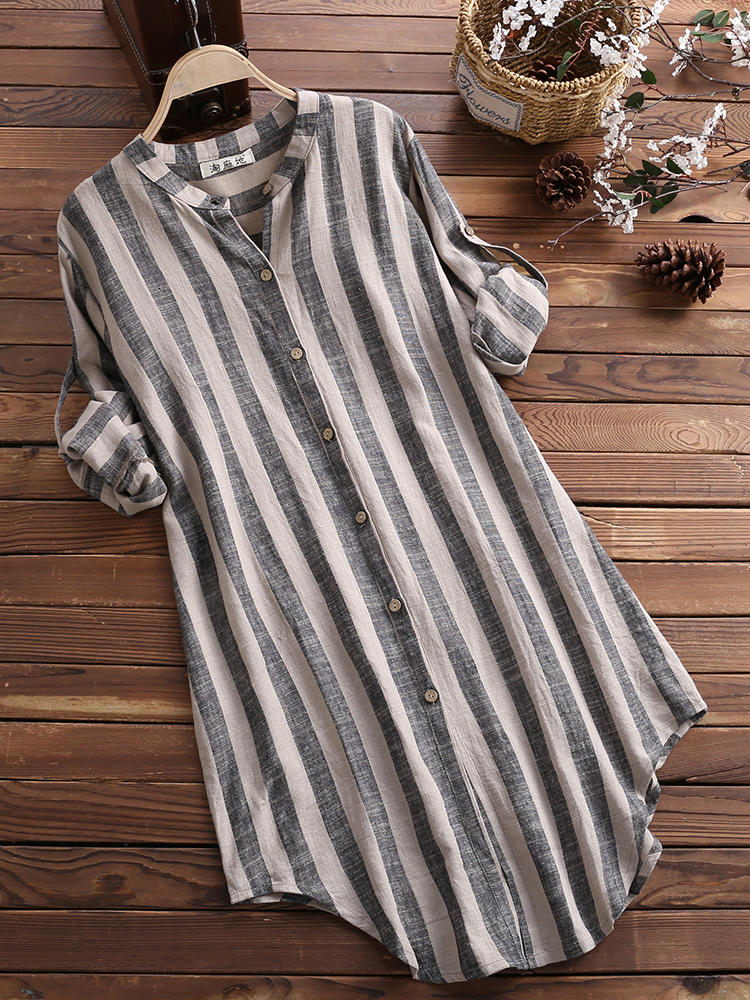 Vertical Striped Stand Collar Long Sleeve Cotton Linen Shirts