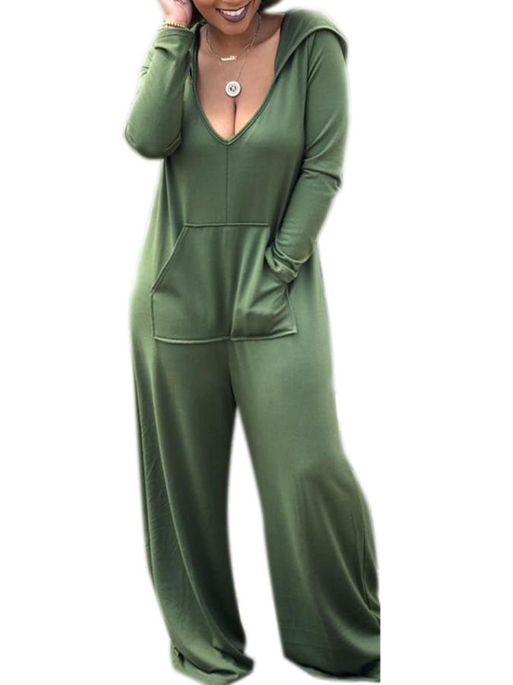 Long Sleeve V-neck Hooded Causal Solid Jumpsuit Overalls
