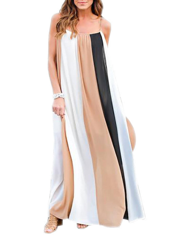 Women Sleeveless Straps Patchwork Chiffon Beach Maxi Dress