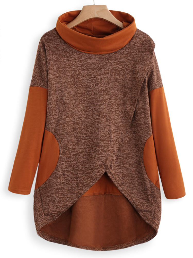 Knit Patchwork Asymmetrical Hem Pockets High Neck T-shirts