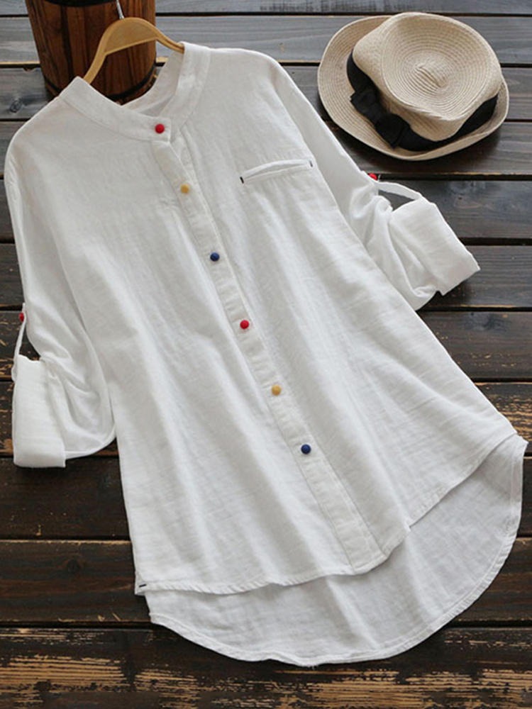 Women Long Sleeve Casual Shirt Buttons Down Cotton Asymmetric Bl