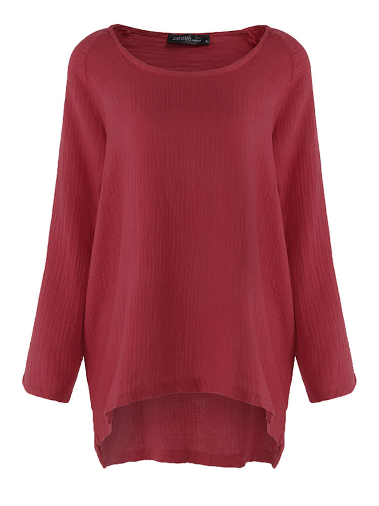 Women Long Sleeve Crew Neck Asymmetrical Cotton Blouse