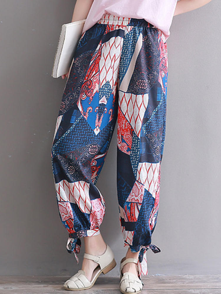 Women Floral Print Elastic Waist Casual Pockets Pants