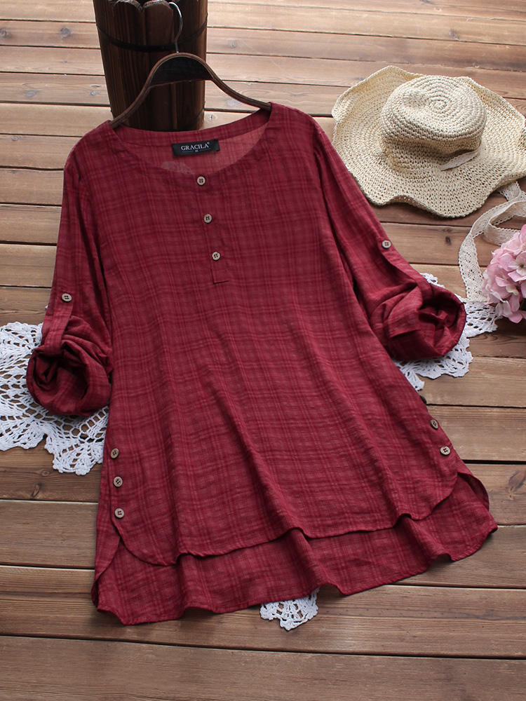 Women Plaid Print Side Buttons Adjustable Sleeve Irregular Hem B