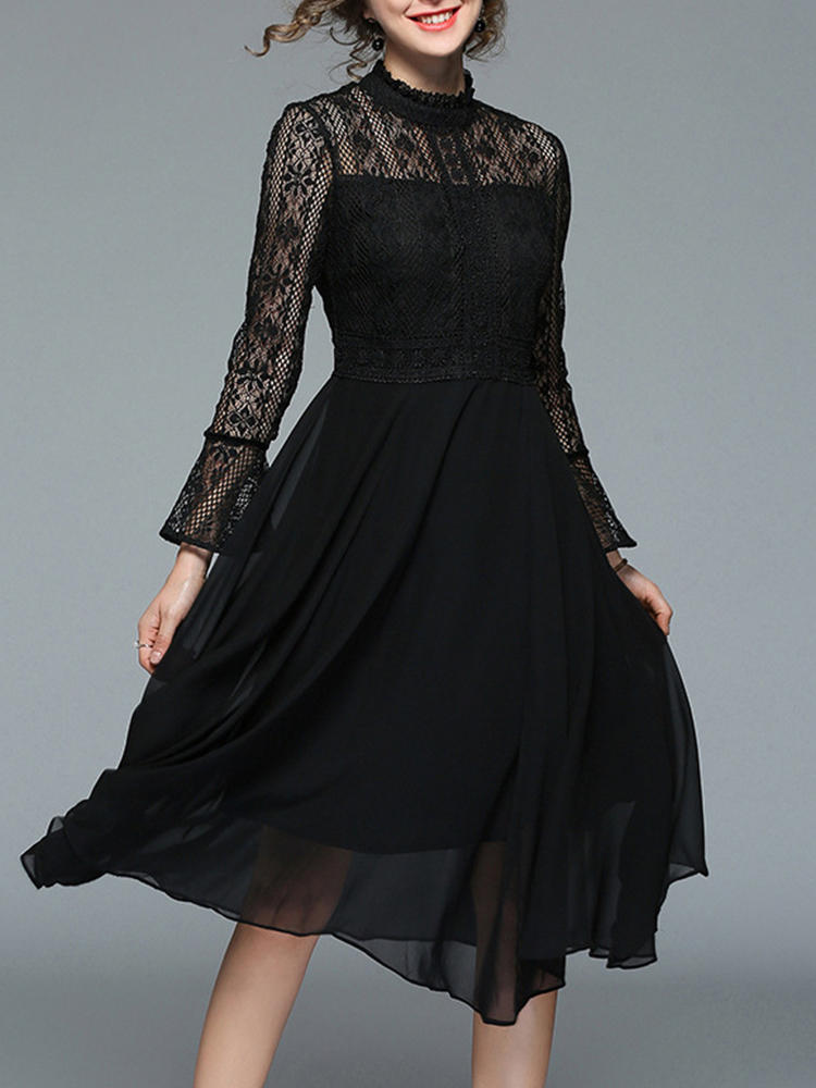 Elegant Women Lace Patchwork Bell Sleeve Vintage Dress