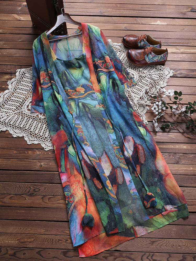 Elegant Floral Print Two Pieces Set Straps 3/4 Sleeve Layered Vi