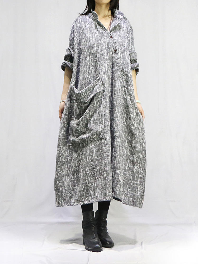 Vintage Women Stand Collar Long Sleeve Irregular Big Pocket Dres
