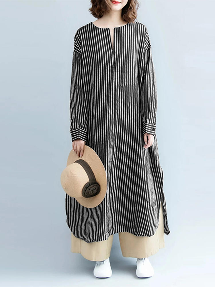 Women Casual Striped V-Neck Long Sleeve Split Hem Dress