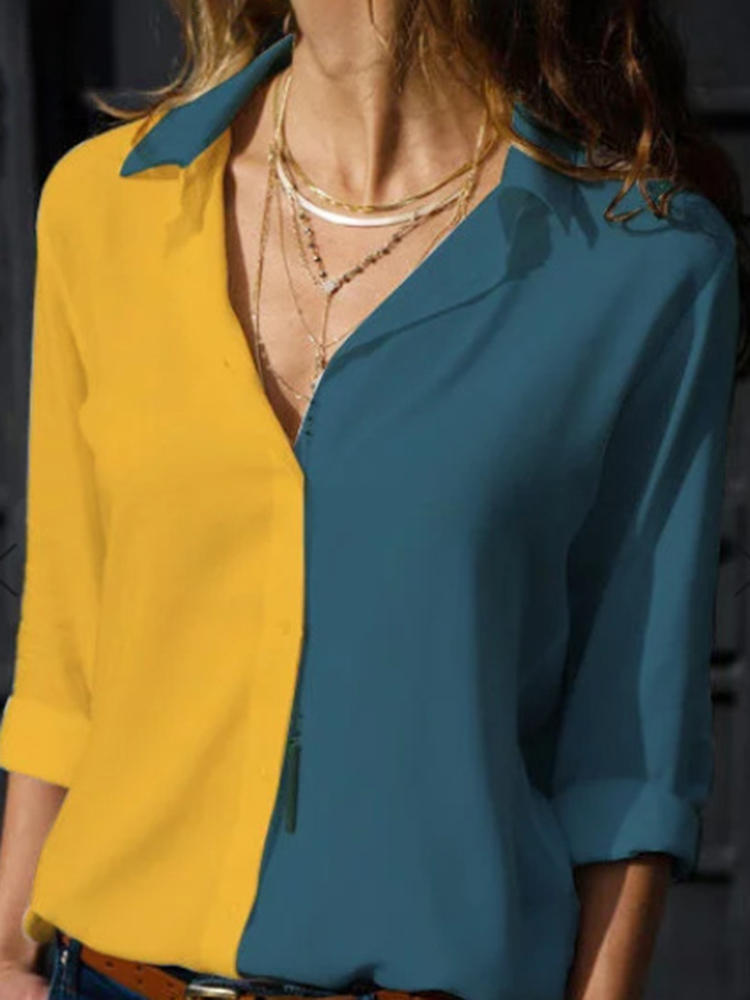 Women Long Sleeve Color Stitching Lapel Shirts