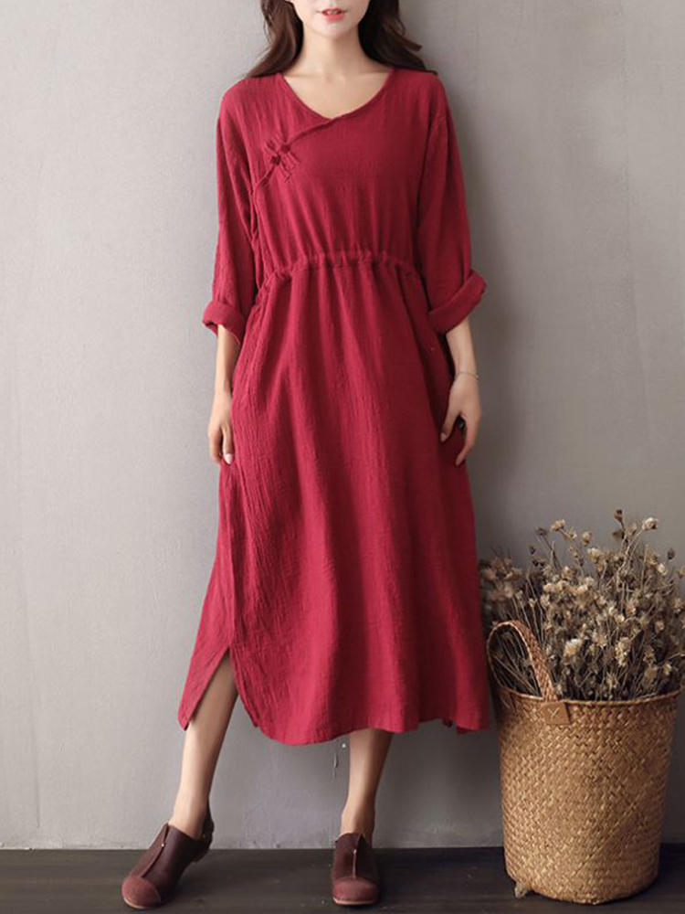 Vintage Plate Buckle V-neck High Drawstring Waist Dress