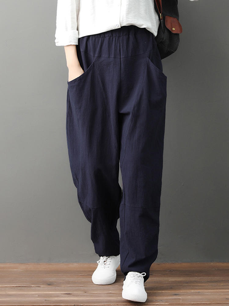 Elastic Waist Pockets Loose Solid Color Casual Pants