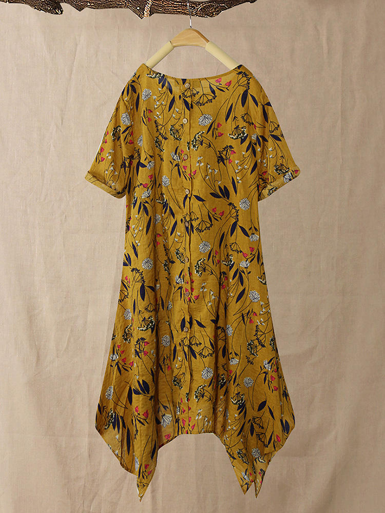 Women Floral Print Pleated Three Quarter Sleeve Blouse