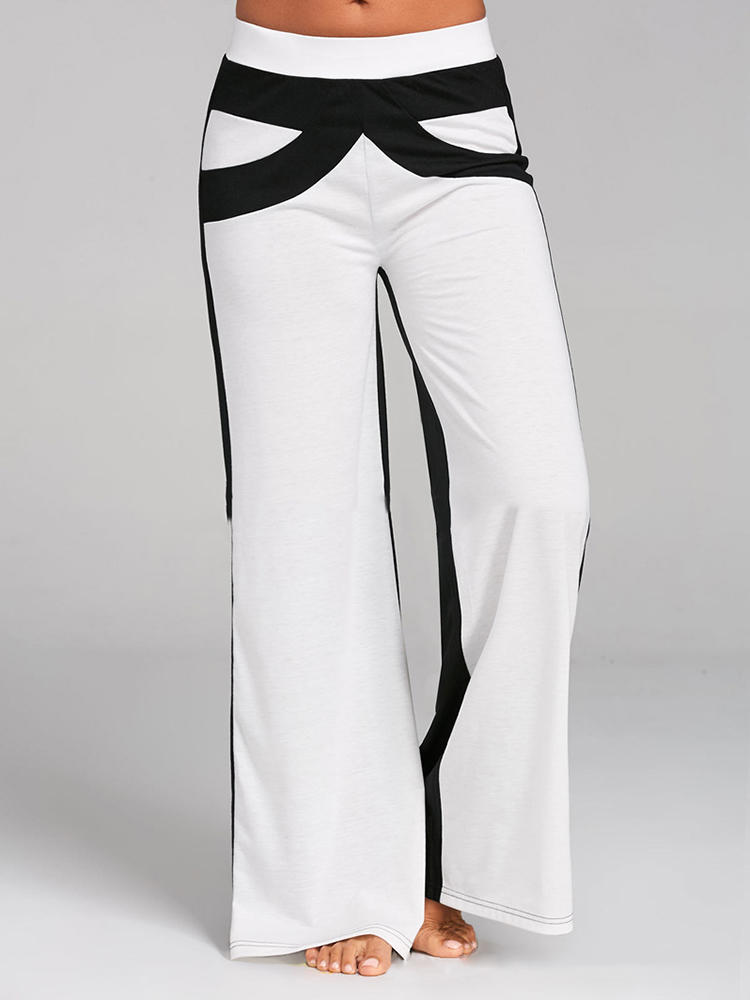Contrast Color Patchwork High Waist Wide Leg Casual Pants