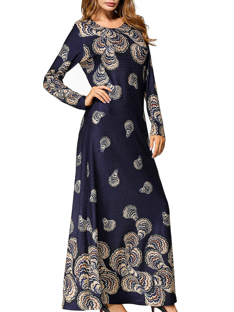 Slim Women Long Sleeve O-Neck Printed Party Maxi Dress