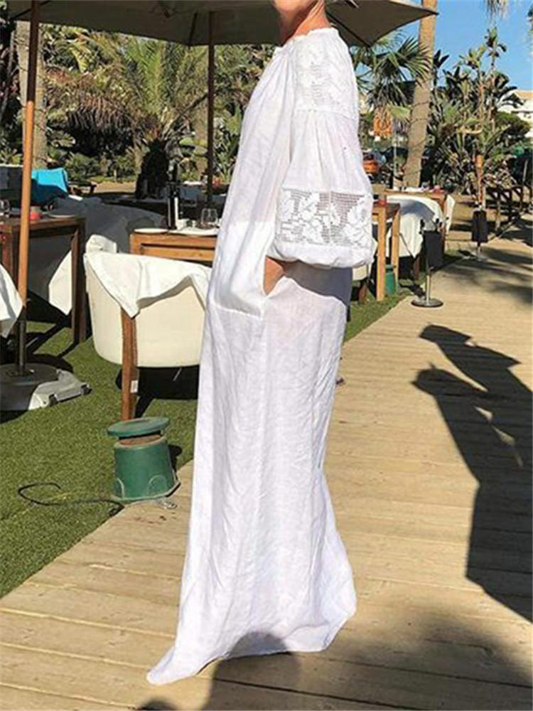 Lace Patchwork V-neck Long Sleeve Holiday Maxi Dress with Pocket